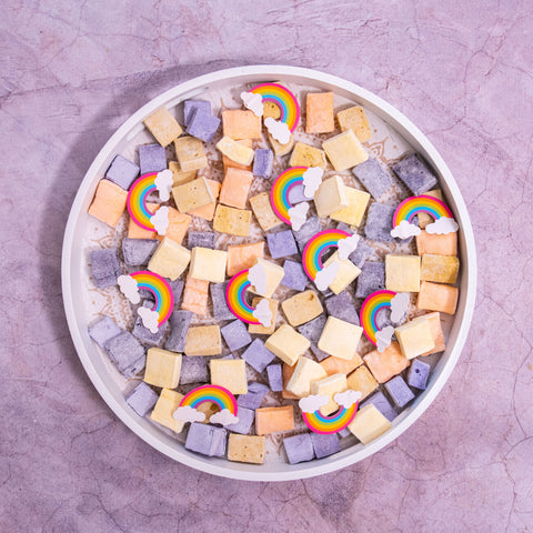 A selection of crunchy hard marshmallows spread out on a decorative tray 
